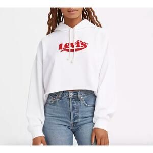 Levi's Graphic Cropped White Hoodie Sweatshirt Relaxed Fit Sz XL Poly-Cotton
